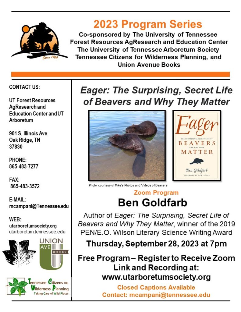 flyer for beaver lecture with picture of two beavers in a stream

