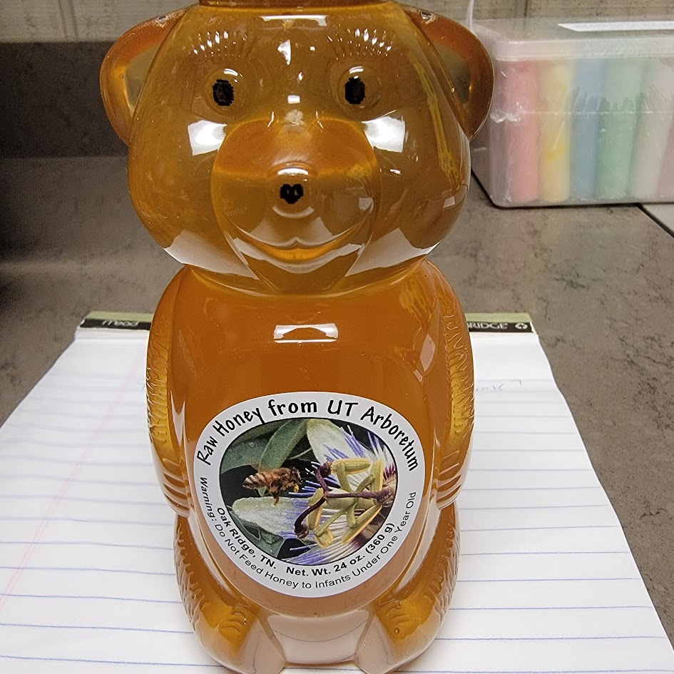 Honey bear with honey produced at the UT Arboretum